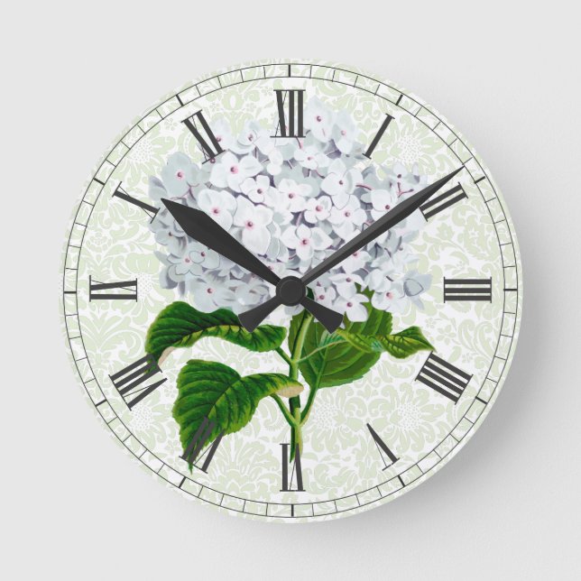 Vintage White Hydrangea Round Clock (Front)