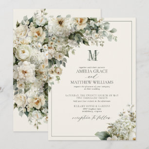 Vintage White Ivory Garden Floral Monogram Wedding Invitation