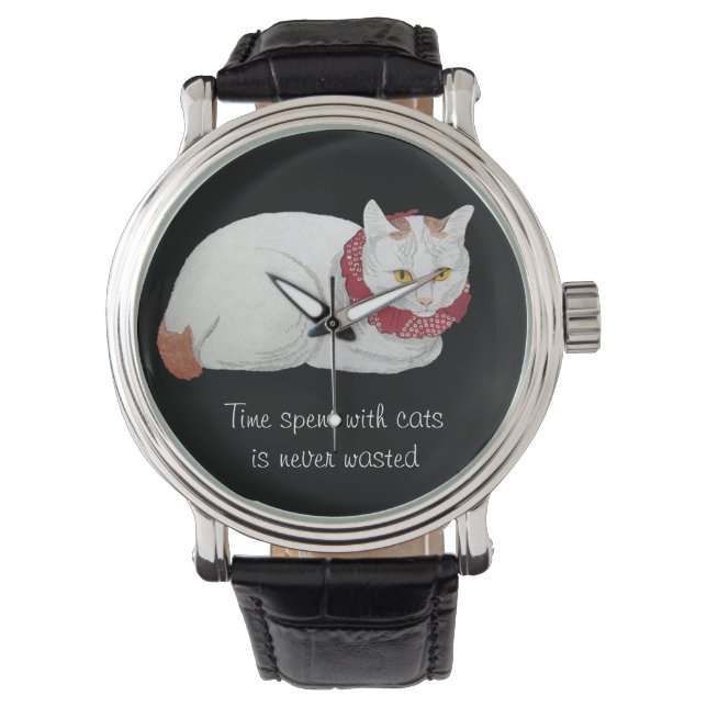 Vintage White Japanese Cat Art Quote Watch (Front)