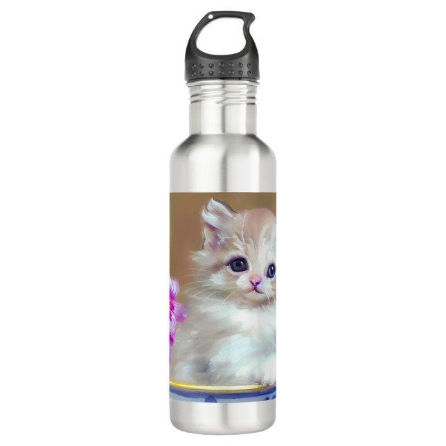 Vintage White Kitten Illustration 710 Ml Water Bottle (Front)