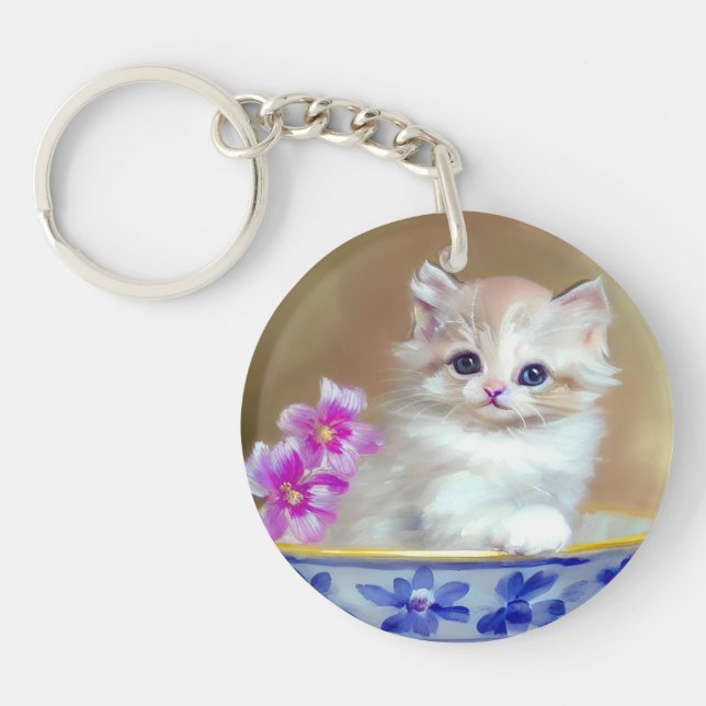 Vintage White Kitten Illustration Keychain (Front)