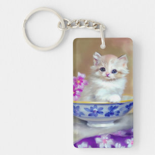 Vintage White Kitten Illustration Keychain