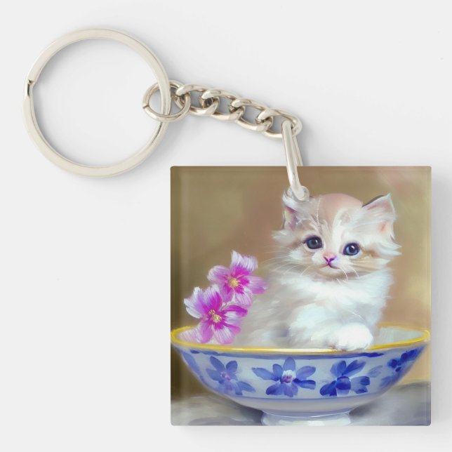 Vintage White Kitten Illustration Keychain (Front)