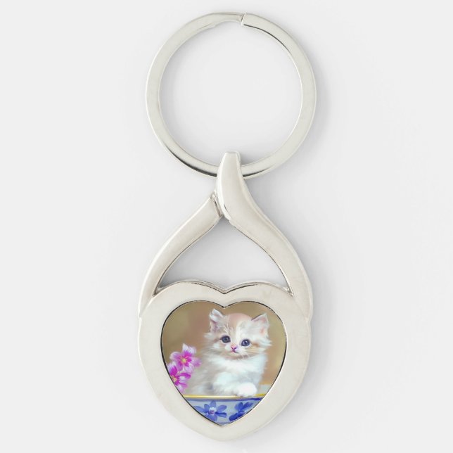 Vintage White Kitten Illustration Keychain (Front)