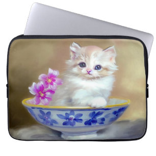 Vintage White Kitten Illustration Laptop Sleeve