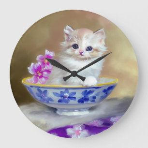 Vintage White Kitten Illustration Large Clock