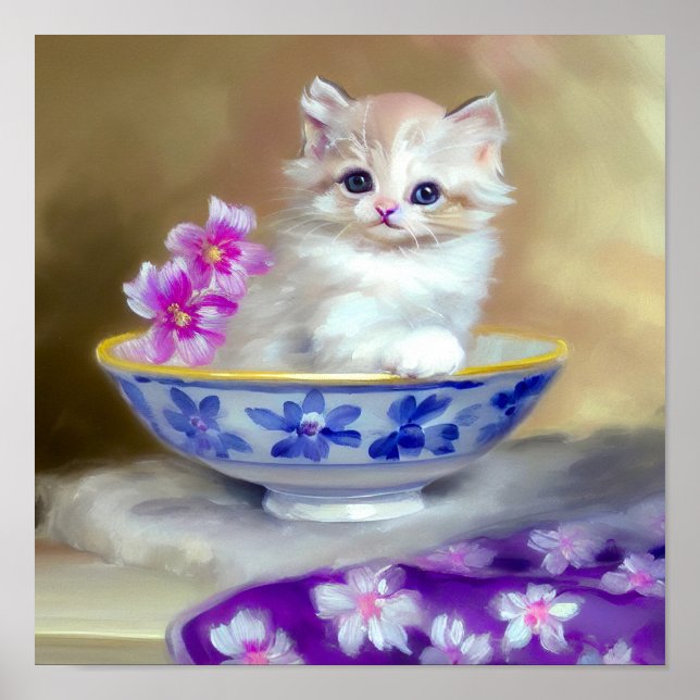 Vintage White Kitten Illustration Poster (Front)