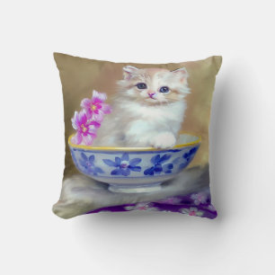Vintage White Kitten Illustration Throw Pillow
