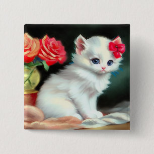 Vintage White Kitten Illustration with Red Flowers 2 Inch Square Button