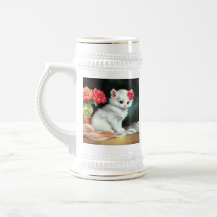 Vintage White Kitten Illustration with Red Flowers Beer Stein