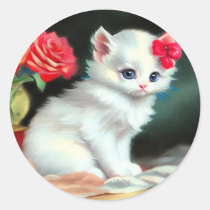 Vintage White Kitten Illustration with Red Flowers Classic Round Sticker