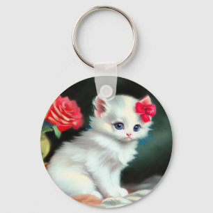 Vintage White Kitten Illustration with Red Flowers Keychain