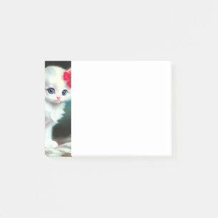 Vintage White Kitten Illustration with Red Flowers Post-it Notes