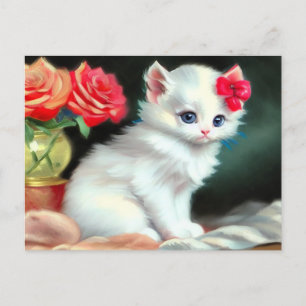 Vintage White Kitten Illustration with Red Flowers Postcard