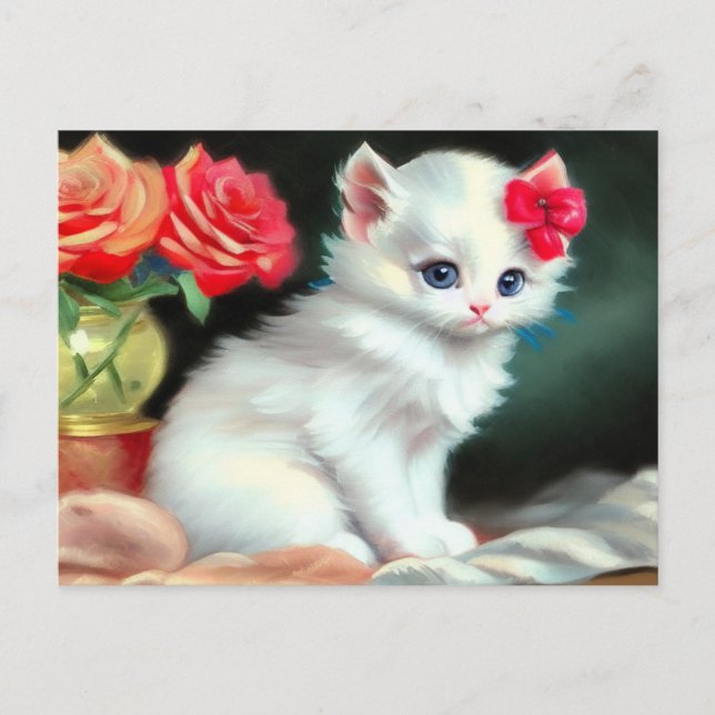 Vintage White Kitten Illustration with Red Flowers Postcard (Front)