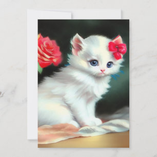Vintage White Kitten Illustration with Red Flowers Save The Date
