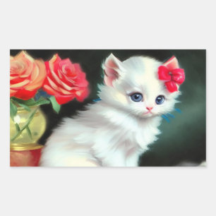 Vintage White Kitten Illustration with Red Flowers Sticker