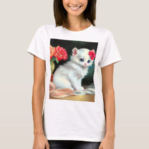 Vintage White Kitten Illustration with Red Flowers T-Shirt