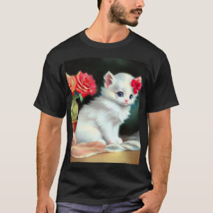 Vintage White Kitten Illustration with Red Flowers T-Shirt