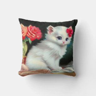 Vintage White Kitten Illustration with Red Flowers Throw Pillow