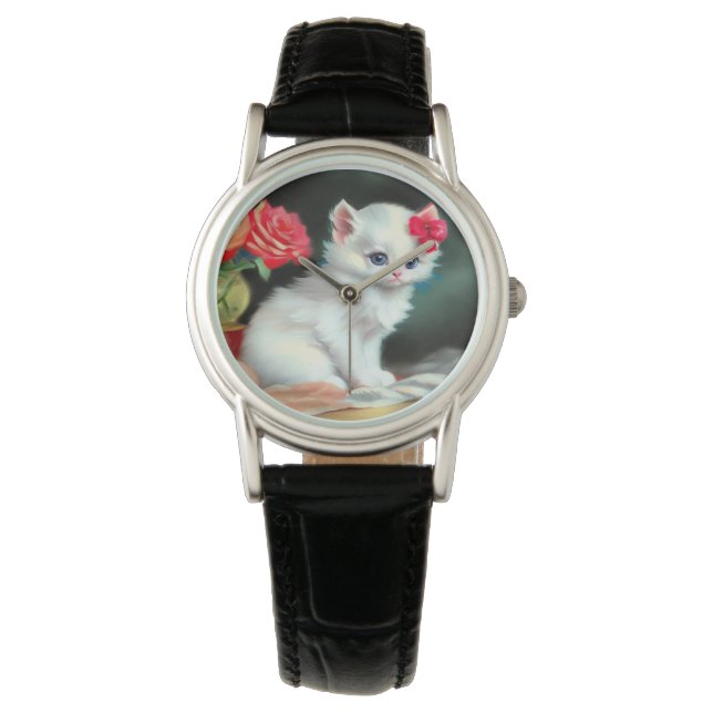 Vintage White Kitten Illustration with Red Flowers Watch (Front)