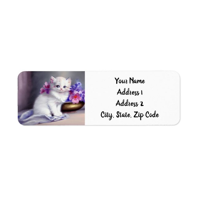 Vintage White Kitten with Pink and Purple Flowers (Front)