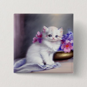 Vintage White Kitten with Pink and Purple Flowers 2 Inch Square Button
