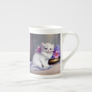Vintage White Kitten with Pink and Purple Flowers Bone China Mug
