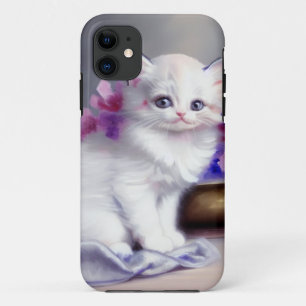 Vintage White Kitten with Pink and Purple Flowers iPhone 11 Case