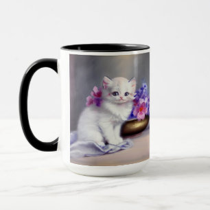 Vintage White Kitten with Pink and Purple Flowers Mug