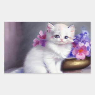 Vintage White Kitten with Pink and Purple Flowers Sticker