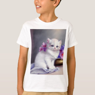 Vintage White Kitten with Pink and Purple Flowers T-Shirt