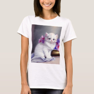 Vintage White Kitten with Pink and Purple Flowers T-Shirt