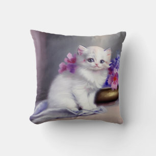 Vintage White Kitten with Pink and Purple Flowers Throw Pillow