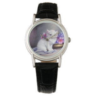 Vintage White Kitten with Pink and Purple Flowers Watch