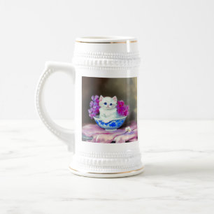 Vintage White Kitten with Pink Flowers Beer Stein