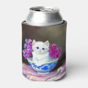 Vintage White Kitten with Pink Flowers  Can Cooler
