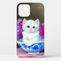 Vintage White Kitten with Pink Flowers 