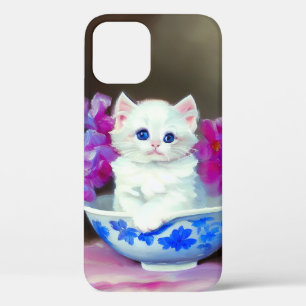 Vintage White Kitten with Pink Flowers  iPhone 12 Case