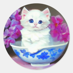 Vintage White Kitten with Pink Flowers  Classic Round Sticker