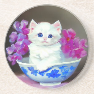 Vintage White Kitten with Pink Flowers Coaster