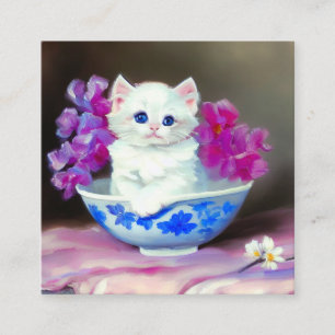 Vintage White Kitten with Pink Flowers Enclosure Card