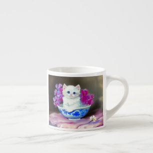 Vintage White Kitten with Pink Flowers Espresso Cup