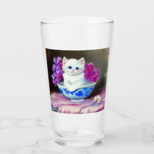 Vintage White Kitten with Pink Flowers  Glass