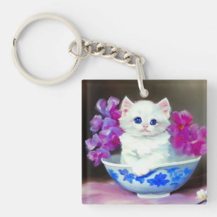 Vintage White Kitten with Pink Flowers  Keychain