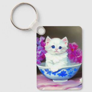 Vintage White Kitten with Pink Flowers Keychain