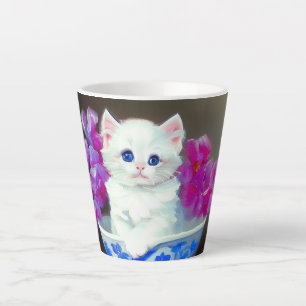 Vintage White Kitten with Pink Flowers Latte Mug