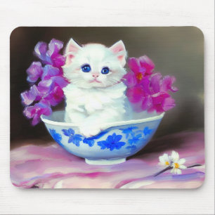 Vintage White Kitten with Pink Flowers Mouse Pad