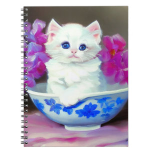 Vintage White Kitten with Pink Flowers  Notebook