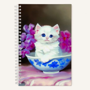 Vintage White Kitten with Pink Flowers  Notebook
